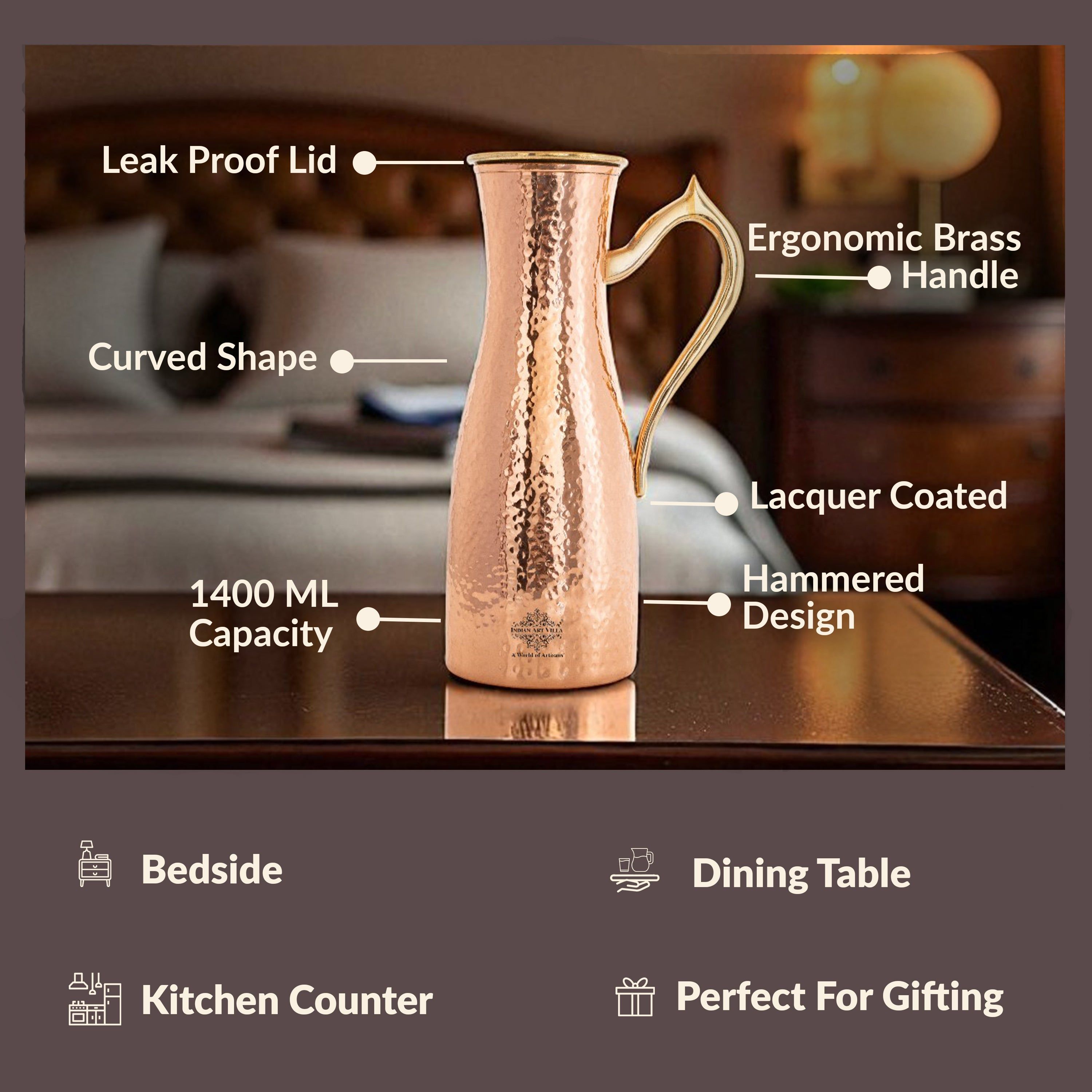 Copper jug with hammered curve design, brass handle & lid –, 1400 ML